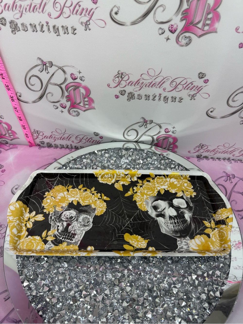Plate serving tray skulls sugar Skull Floral Clutch in Black and Yellow